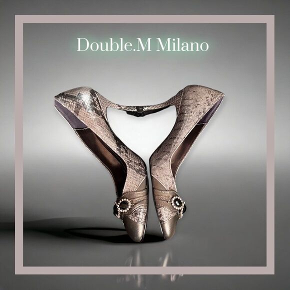 DOUBLE M MILANO Metallic Silver Python Print Statement Crystal Rhinestone Heels - Picture 8 of 11